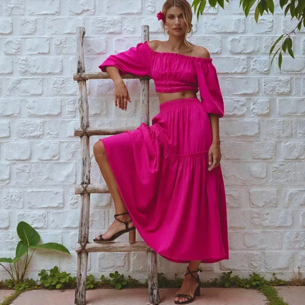 ELF Annabelle Linen Maxi Skirt Magenta Pink Elastic Waist M - Picture 7 of 10